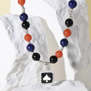 Collier carte à jouer en cristal, collier agate rouge lapis lazuli, pendentif poker en argent 925, collier de perles fait main, cadeau élégant pour femme
