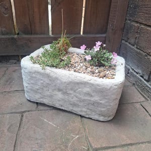 May include: A rectangular concrete planter with a rough, textured grey surface. The interior is filled with small light-coloured pebbles, a cluster of green succulent-like foliage, and a small plant with delicate pink flowers and green leaves.