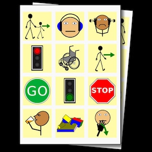May include: A sheet of paper with various cartoon illustrations. The images include a person walking with a child, a person with headphones, a traffic light, a wheelchair, a stop sign, and the word "GO" in a green circle.