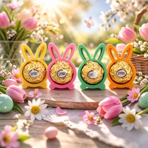 May include: Four brightly coloured Easter bunny holders, each with a Ferrero Rocher chocolate inside. The holders are yellow, pink, green, and orange. The image is decorated with flowers, eggs, and a basket, creating a festive Easter theme.