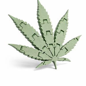 May include: A light green, puzzle-like cannabis leaf. The leaf is made of interlocking pieces, creating a three-dimensional effect. The design is a stylized representation of a cannabis leaf, with a focus on the geometric shapes and the light green color.