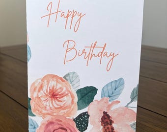 Floral Happy Birthday Card, Personalized Greeting, 5x7 with Envelope