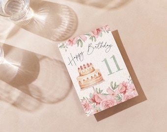Floral Birthday Card for Any Age, Watercolor Cake Greeting Card with Envelope