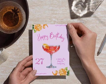 Cosmopolitan Cocktail Birthday Card, Customizable, 5x7 Greeting Card with Envelope