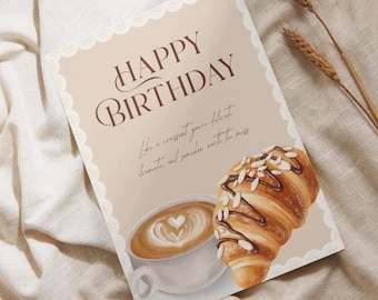 Croissant/Cafe Birthday Card, 5x7 Greeting Card with Envelope