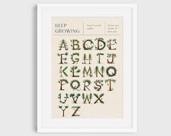 Può includere: Un poster stampabile con l'alfabeto a tema forestale. Ogni lettera è formata da alberi e fogliame. Il poster dice "Keep Growing" in alto e ha il testo "Reach out and explore" e "Nurture your dreams, let them grow" ai lati.