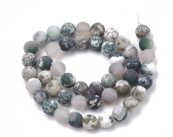 Natural tree agate beads, 6 or 8mm round frosted beads, Jewelry making gemstone beads