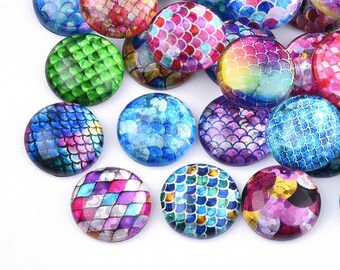 Mixed glitter mermaid glass cabochons - set of 35 round dome cabochons - 12mm