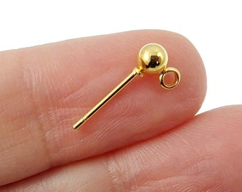 Gold ball stud with loop, 10pcs stainless earring post, 4mm ball head earstud, Dainty earring findings
