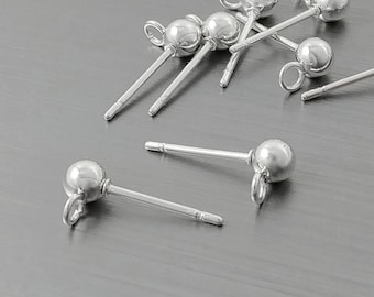 4mm ball post with loop, Bright silver stainless steel, Earring post for jewelry making