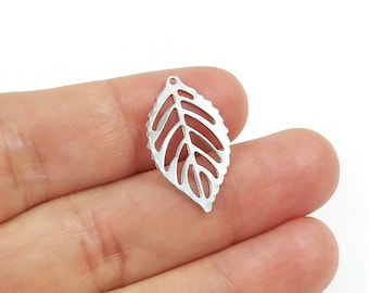 10 silver leaf charms, Small stainless steel charms, Leaf pendants for jewelry making