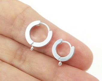 Silver huggie hoops with loop, Stainless steel earring findings, Dainty leverback for jewelry making