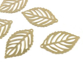 10 gold leaf charms, Small stainless steel charms, Leaf pendants for jewelry making