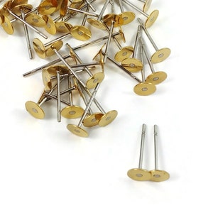 5mm earring stud posts, Stainless steel silver stud, Raw unplated brass gold pad, Nickel free jewelry findings