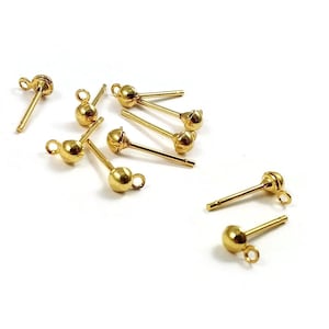 18K gold plated earring posts, 3mm ball stud with loop, Hypoallergenic nickel free brass jewelry making