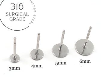 Surgical steel earring posts, Hypoallergenic 316 stainless steel, 3mm 4mm 5mm or 6mm stud earrings findings
