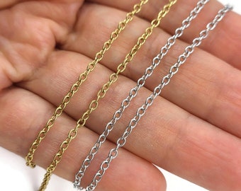 10m (32 ft) Stainless steel cable chain, Silver, Gold plated, Bulk lot for jewelry making, Oval link chain