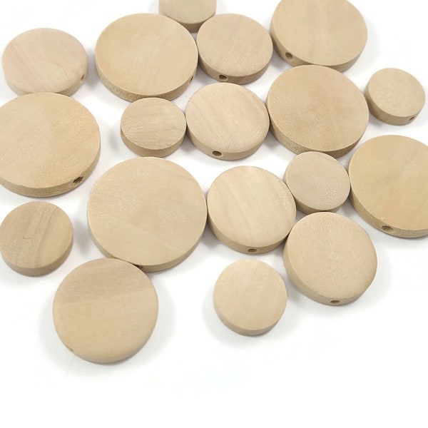 Flat wooden beads, 15mm, 20mm, 25mm coin beads, Natural unfinished wood, Jewelry making supplies