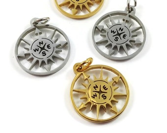 Compass rose charm, Stainless steel DIY necklace pendant, Travel nautical pendant, gold silver plated charms