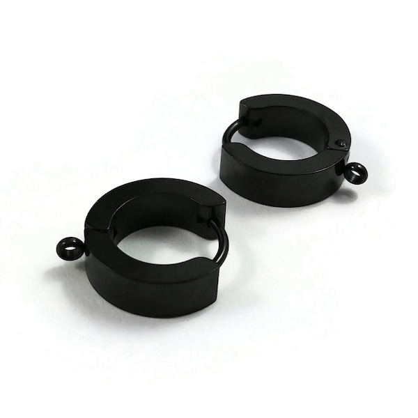 Black huggie hoops with loop, Stainless steel earring findings, Jewelry making DIY hoop with charms