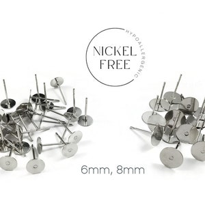 Silver earring stud posts, 6mm 8mm pad, Nickel free earring findings, Hypoallergenic studs for jewelry making