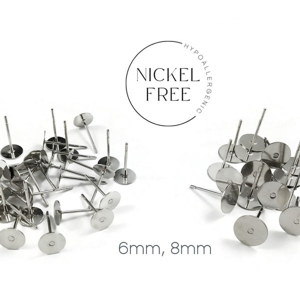 Silver earring stud posts, 6mm 8mm pad, Nickel free earring findings, Hypoallergenic studs for jewelry making