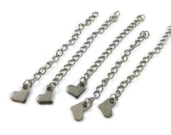 5 Stainless steel extension jewelry chains - Tail extender 60mm with heart charm