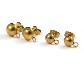 10pcs Stainless Steel Earring Post, Gold Earstud, 6 or 8mm Half Ball head, with loop, Hypoallergenic