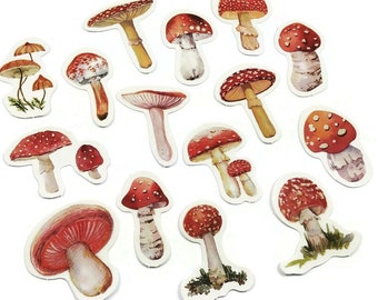 Red mushroom sticker pack - 15 cute botanical stickers - Cottagecore journal planner