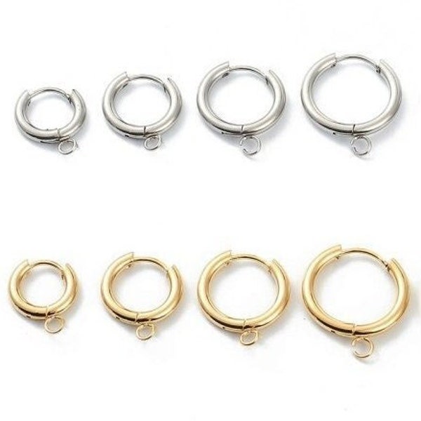 Stainless steel huggie hoops with loop, Gold, Silver, Earring findings, Small round hoops for jewelry making