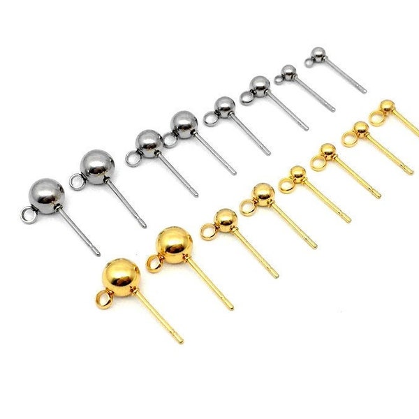 Stainless steel ball post with loop, 10pcs hypoallergenic earring making supplies