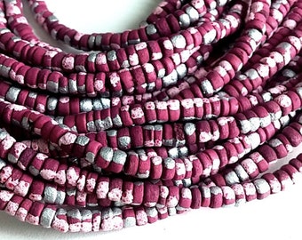 Coconut rondelle beads, Wine red, pink and silver exotic beads, 4-5mm wood coconut beads, Jewelry making supplies