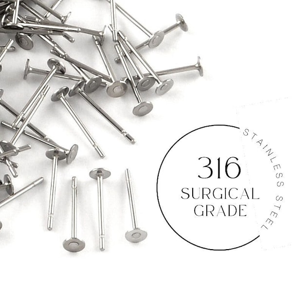 Stainless steel earring post, Hypoallergenic 316 surgical grade, 3mm 4mm 5mm or 6mm stud earrings findings