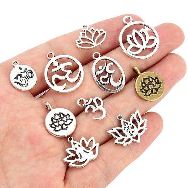 10 zen assorted charms, Nickel free metal pendants, Yoga, lotus, chakra mixed shapes for jewelry making