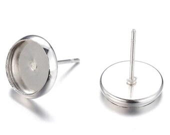 Brass cabochon earring settings, 8mm or 10mm tray, silver. Nickel free, lead free and cadmium free