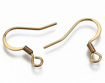 Stainless steel flat french earring hooks, 20 pcs (10 pairs) hypoallergenic ear wire, Silver, Gold, Rose gold