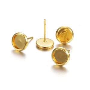 10 Gold stainless steel ear stud cabochon settings - fits 6, 8, 10 or 12mm cabochons