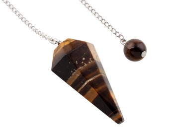 Natural gemstone dowsing pendulum faceted cone pendant, with long chain