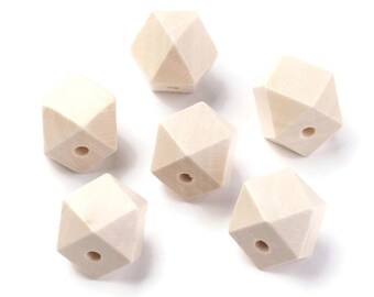 10 Faceted hexagon wood beads 15mm