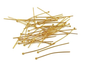 Gold plated ball head pins, 40mm stainless steel headpins, Hypoallergenic jewelry making findings