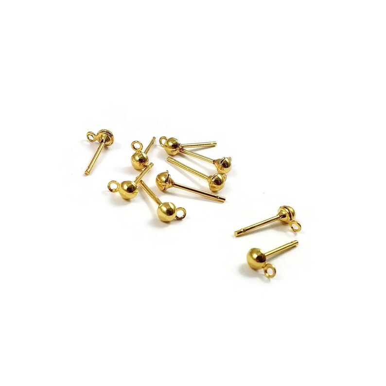 18K gold plated earring posts, 3mm ball stud with loop, Hypoallergenic nickel free brass jewelry making image 1