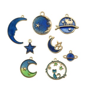 8 celestial assorted enamel charms, Nickel free metal pendants, Cute mixed shapes for jewelry making