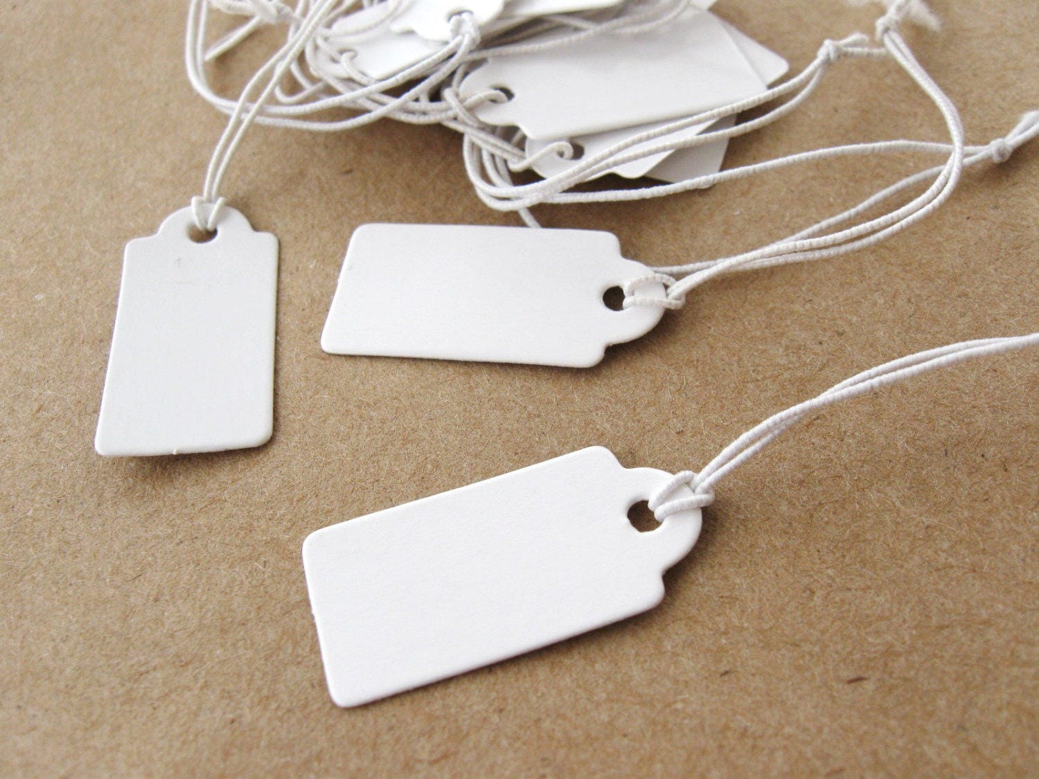 Beadthoven Jewelry Price Tags - 100pcs White Rectangle Paper Tags With String, 23x13mm (3/8''x11/16''), For Display & Labeling - View #5