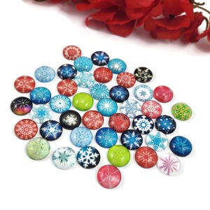 Snowflake glass cabochons, 12mm flat round domed cabochons, Set of 50 mixed, Jewelry making