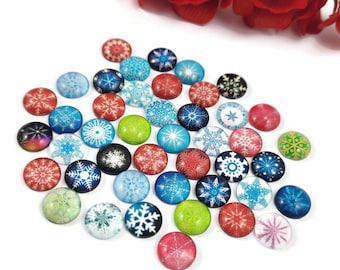 Snowflake glass cabochons, 12mm flat round domed cabochons, Set of 50 mixed, Jewelry making