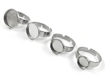 Stainless steel adjustable rings round cabochon settings (fits 8mm, 10mm, 12mm, 14mm) Hypoallergenic jewelry findings