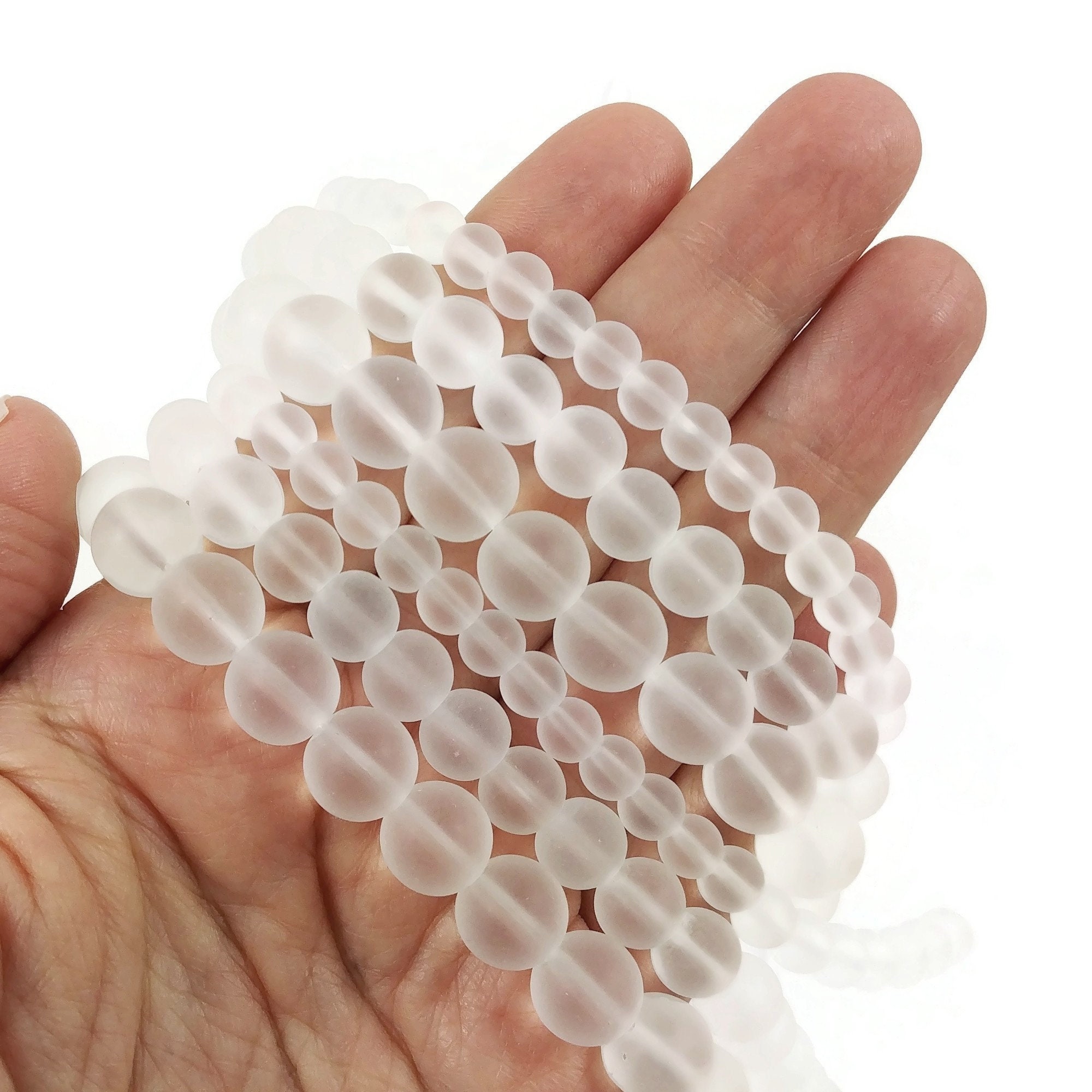 Clear white frosted glass beads, 6mm, 8mm or 10mm round, Jewelry making supplies