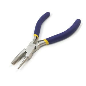 May include: Round nose pliers with a silver metal body and blue handles. The handles have yellow accents near the pivot point. These pliers are designed for jewellery making and wire wrapping.