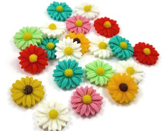 Resin flower cabochons, Mixed daisy embellishments, Flat back cabochons, Assorted pack, Jewelry making supplies