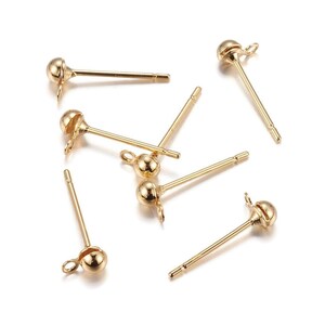 Brass earring stud posts, 3mm ball with loop, gold. Hypoallergenic nickel free, lead free and cadmium free image 2